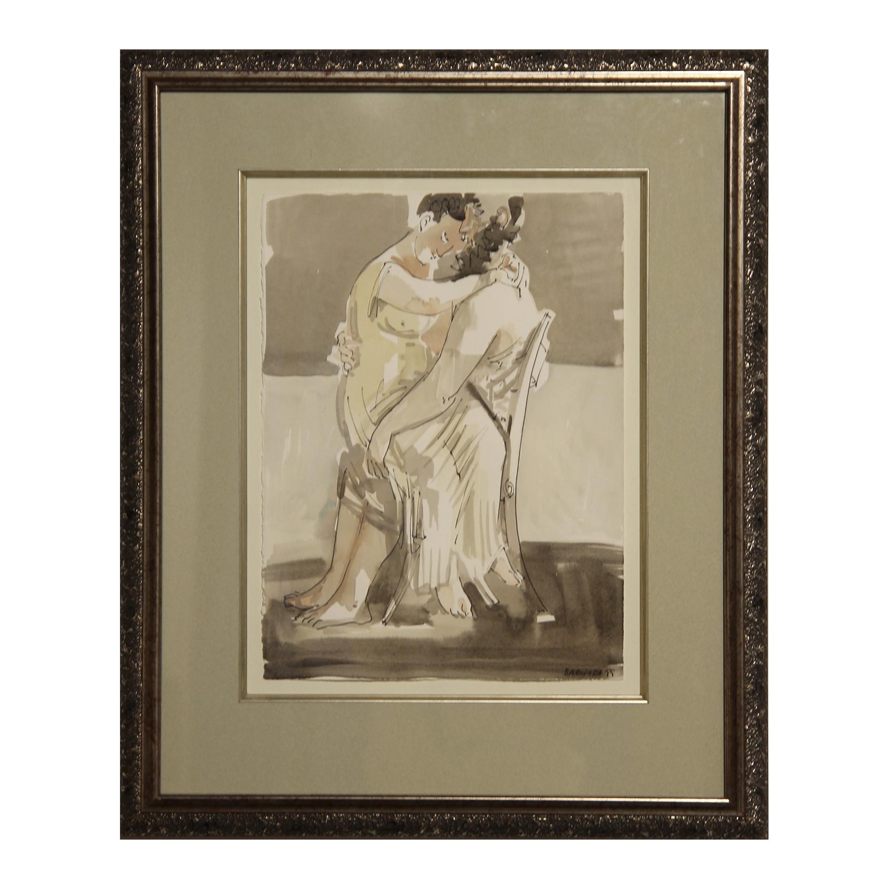 Barnaby Fitzgerald Figurative Art - "Seated Lovers" Abstract Grey-Toned Watercolor of Two Embracing Seated Figures 