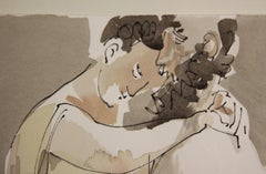 "Seated Lovers" Abstract Grey-Toned Watercolor of Two Embracing Seated Figures