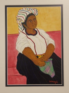 Colorful Watercolor Portrait of Seated Female in White Shirt and Striped Hat