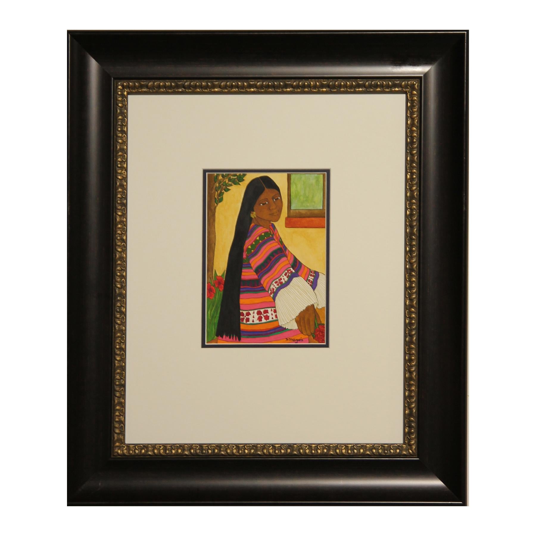 Colorful Watercolor Portrait of Seated Female in Pink and Orange Striped Dress - Art by Nadine Mayes