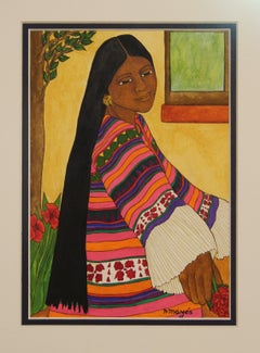 Colorful Watercolor Portrait of Seated Female in Pink and Orange Striped Dress