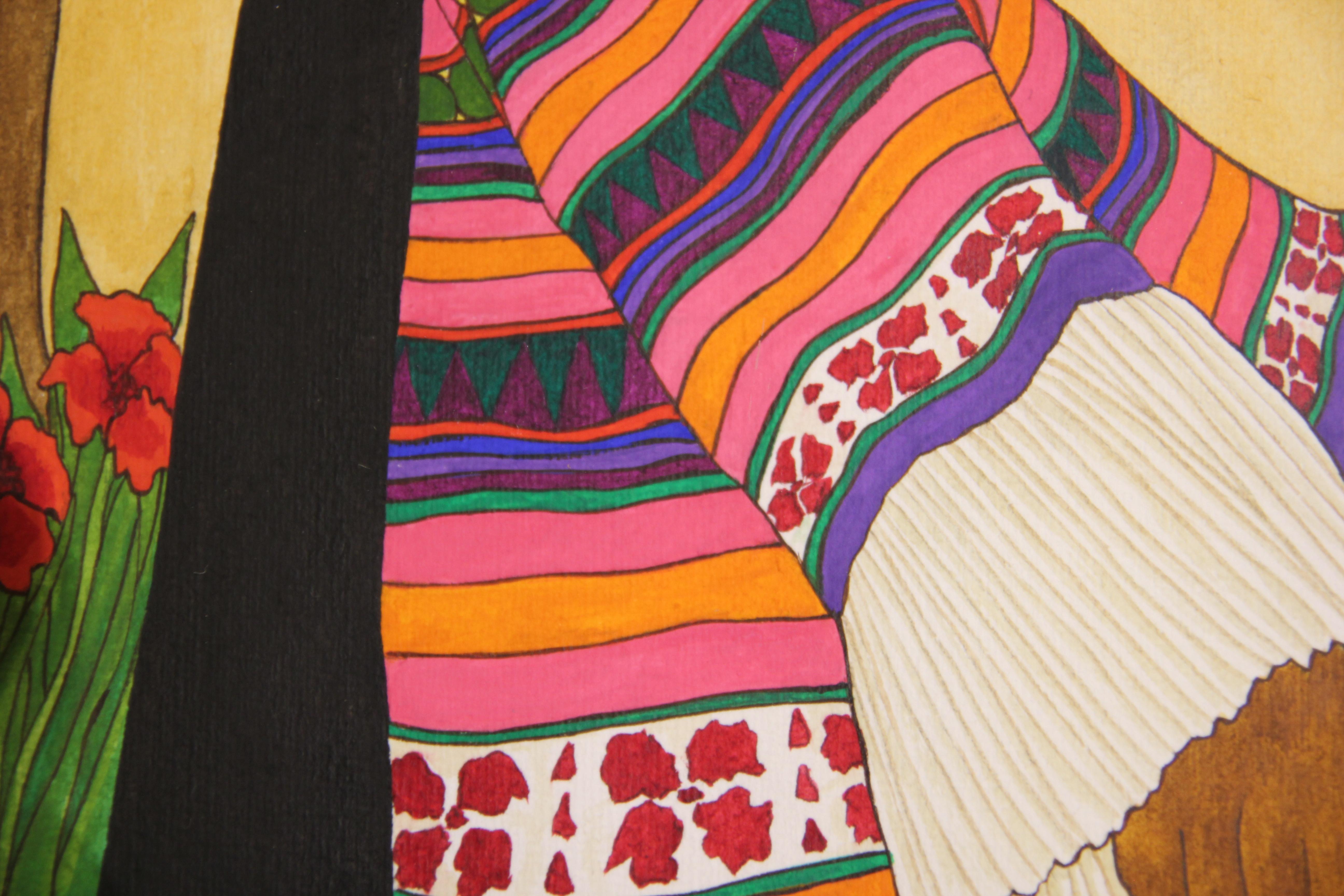 seated woman in striped dress