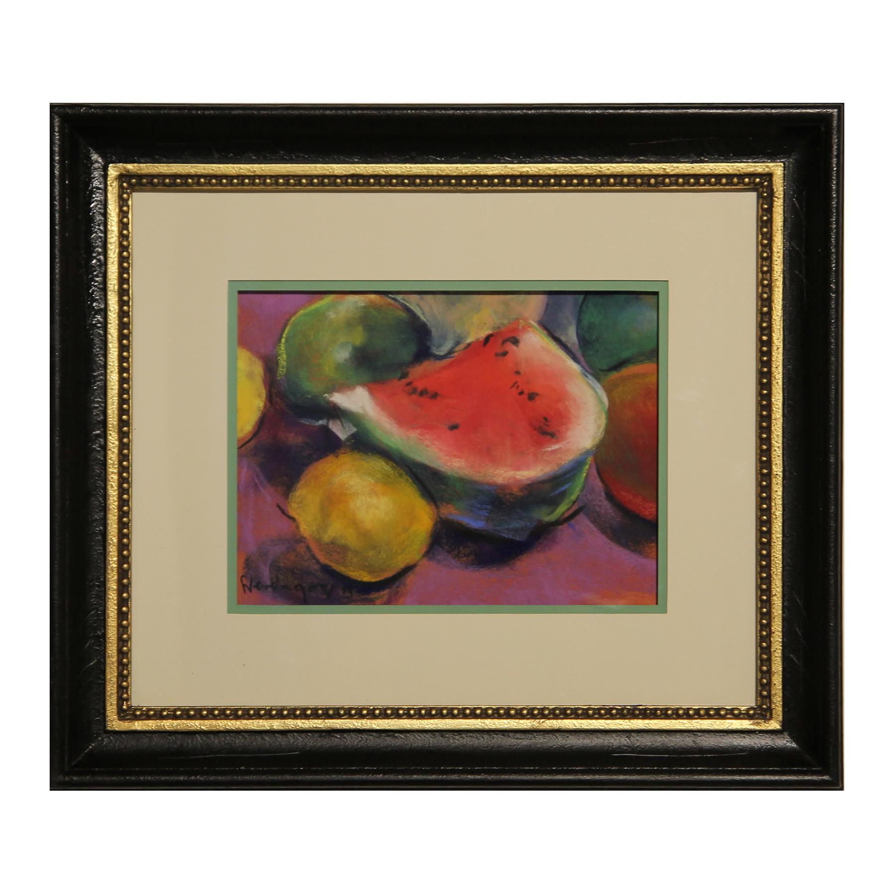 Dessin de nature morte réaliste colorée aux tons chauds en forme de melon et de citron