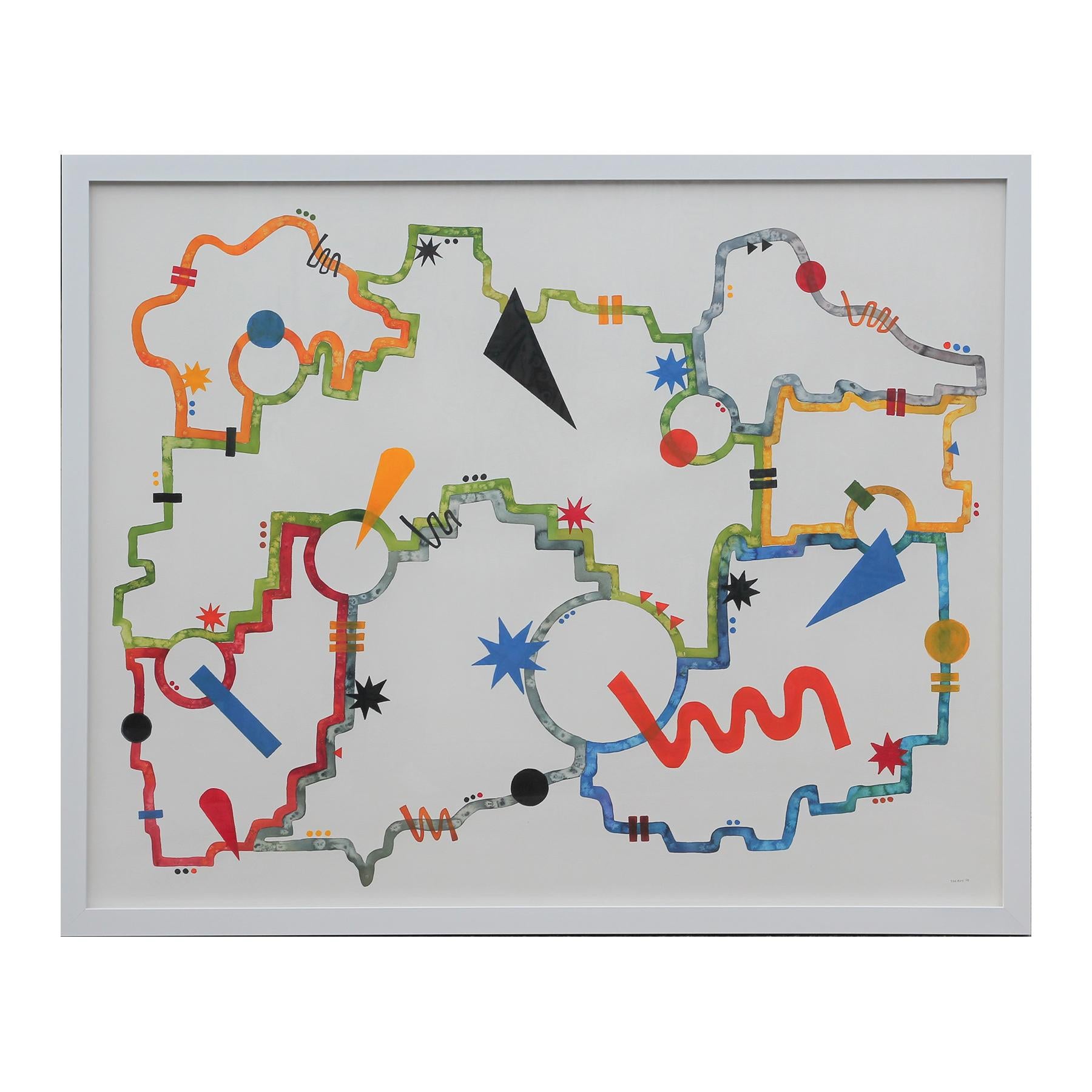 Tina Ruyi Abstract Drawing - “The Circuit” Abstract Geometric Green, Blue, Yellow and Red Painting
