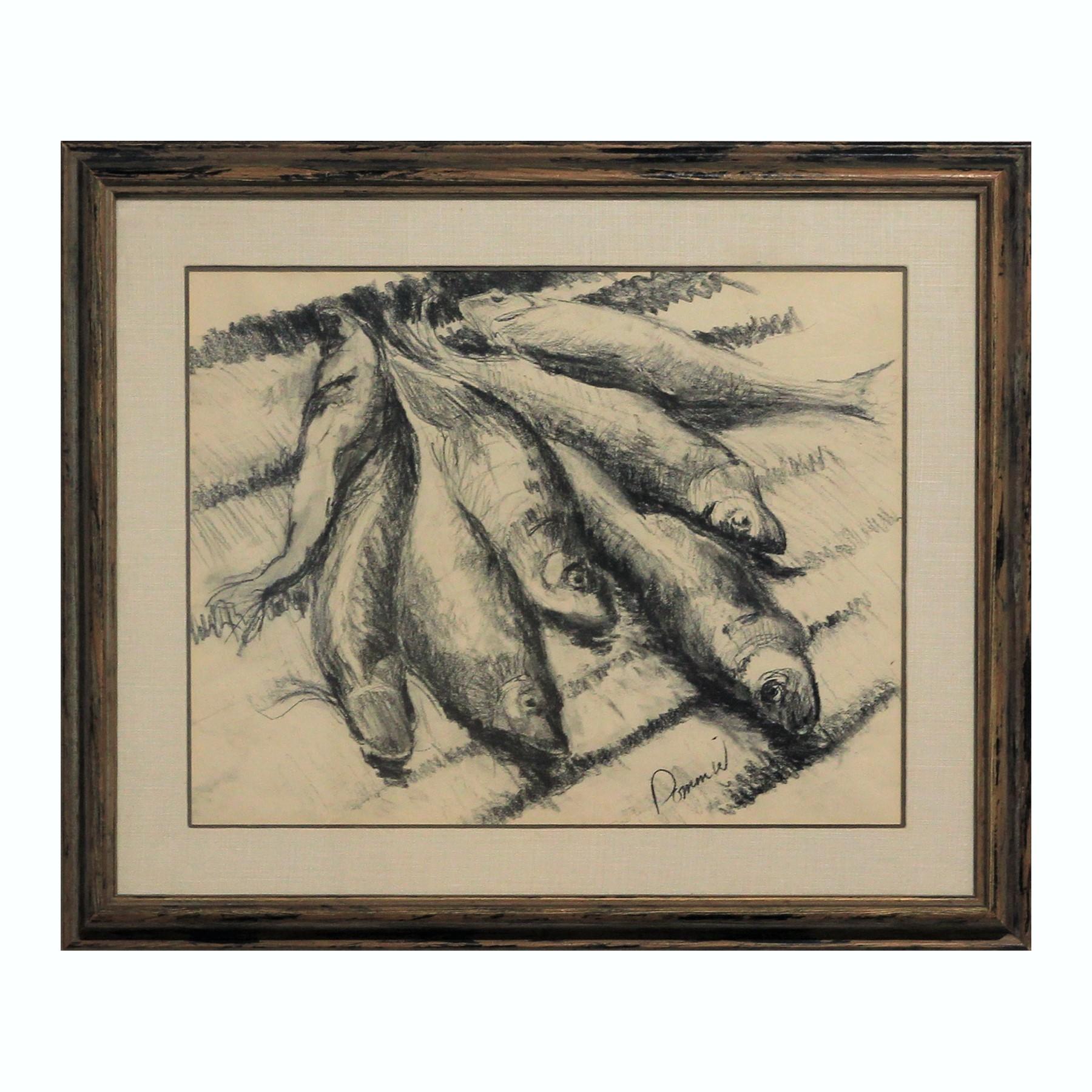 Dommiel Still-Life – Moderne realistische schwarz-weiße Graphit-Stillleben-Zeichnung von Fischen