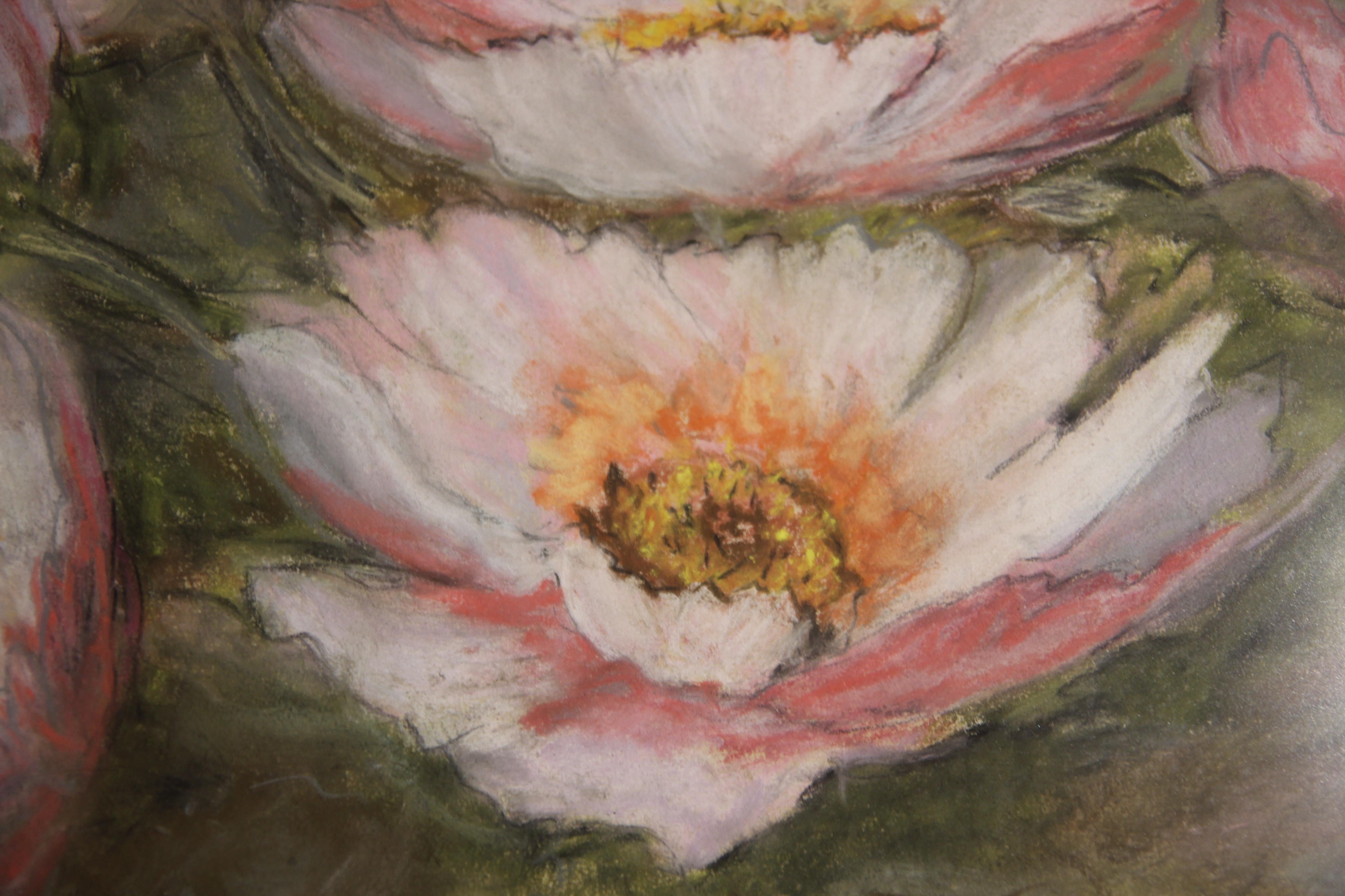 “Water Lilies” Pink and Green Impressionist Floral Pastel Nature Drawing - Art by Drexell Caraway McNay