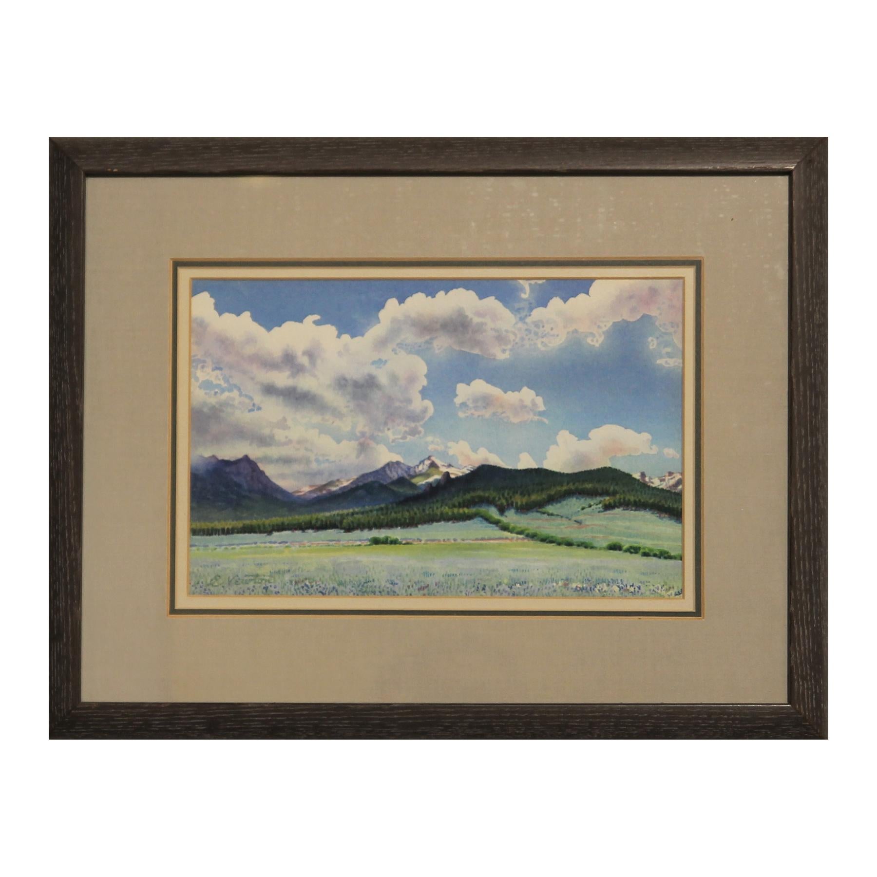 David Newton Landscape Art - Blue Toned Watercolor Landscape Painting of Mountains at Longs Peak in Colorado 