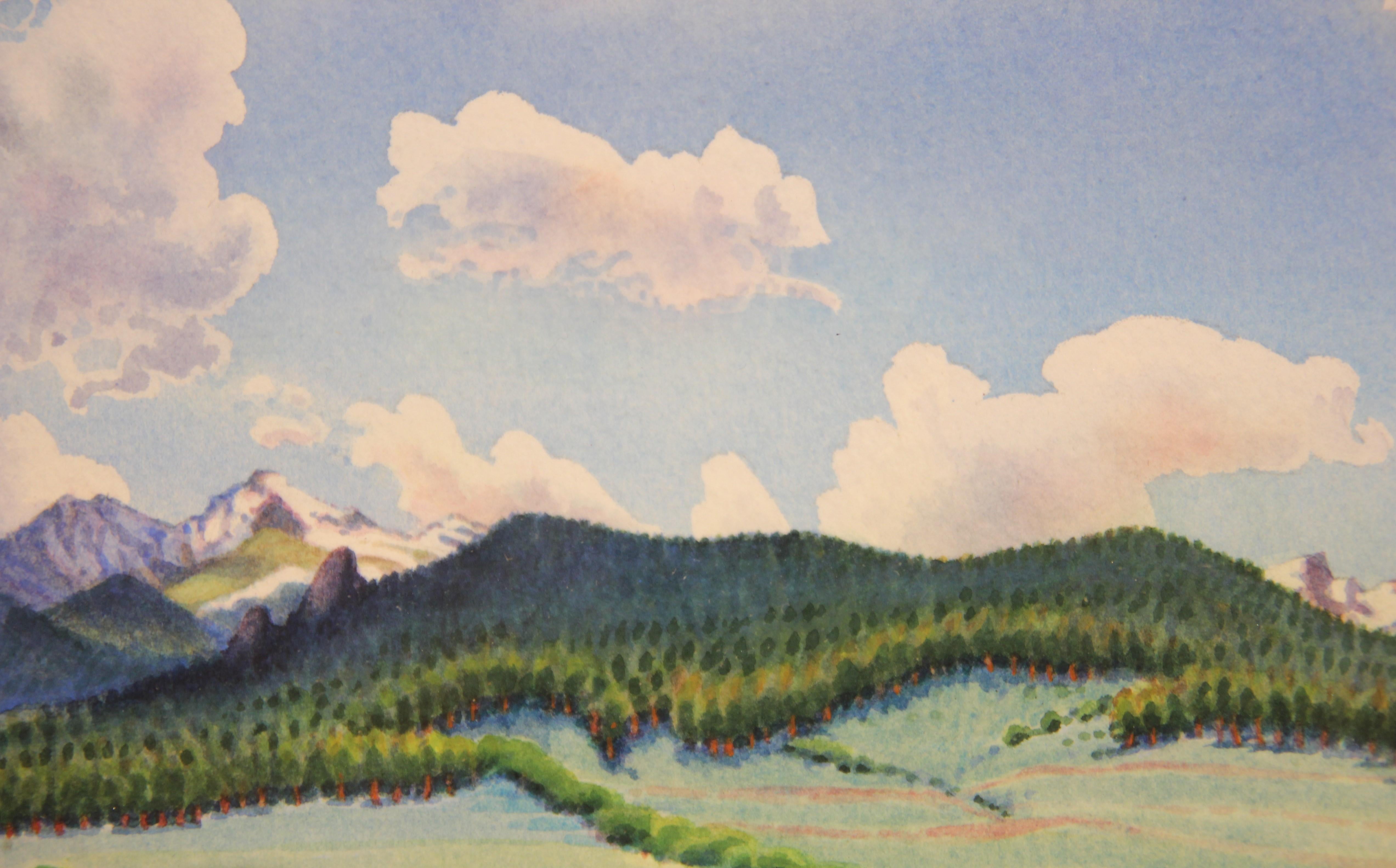 Blue Toned Watercolor Landscape Painting of Mountains at Longs Peak in Colorado  - Art by David Newton