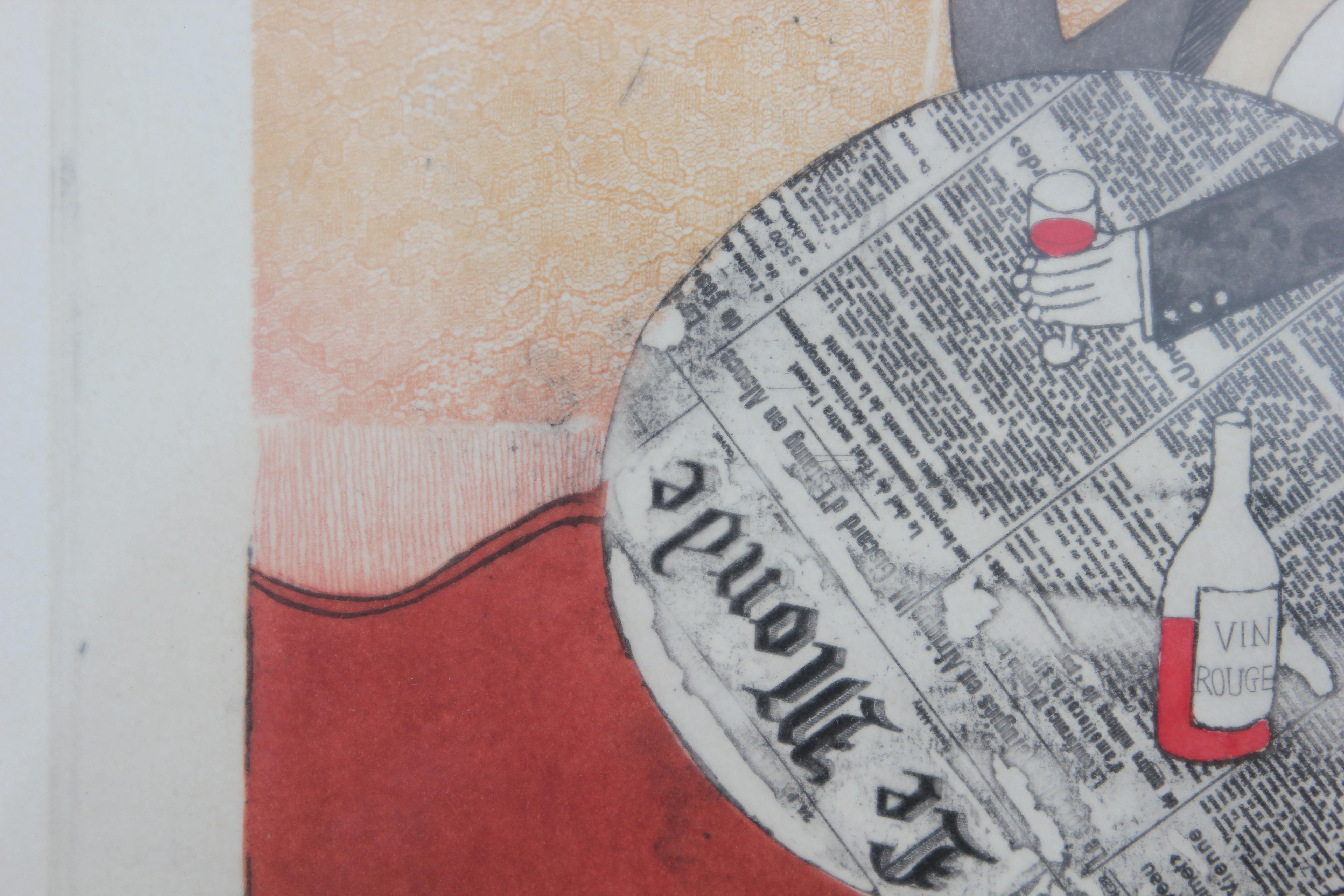 Modern Abstract Madame Marcelle Café Warm Toned Synthetic Cubism Lithograph - Gray Abstract Drawing by Unknown