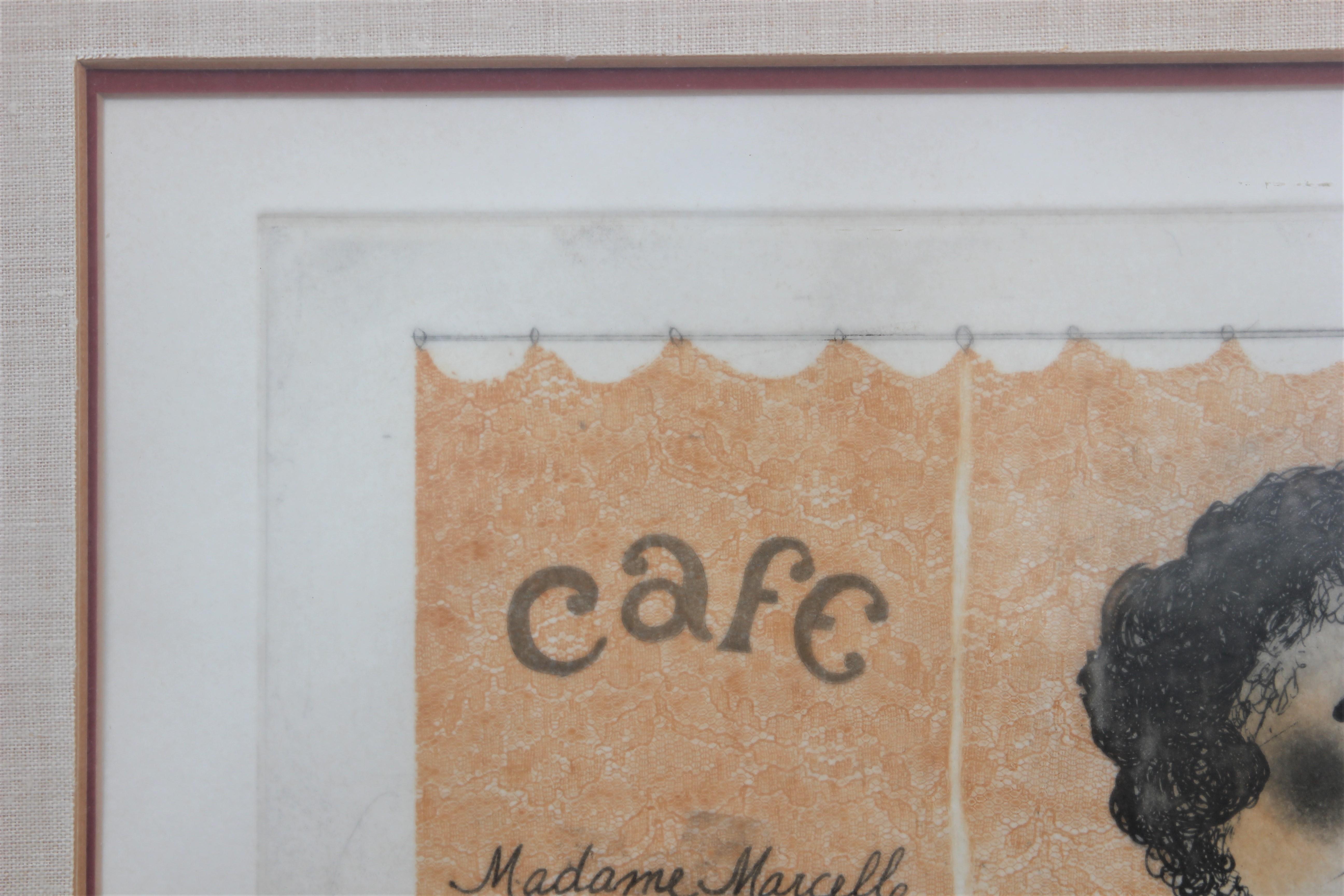 Yellow, red, and black lithograph in the style of Bolivian painter Graciela Rodo Boulanger. Figurative print depicting French woman drinking wine in a café. Subject sits against a yellow lace patterned backdrop with a newspaper cutout as the round