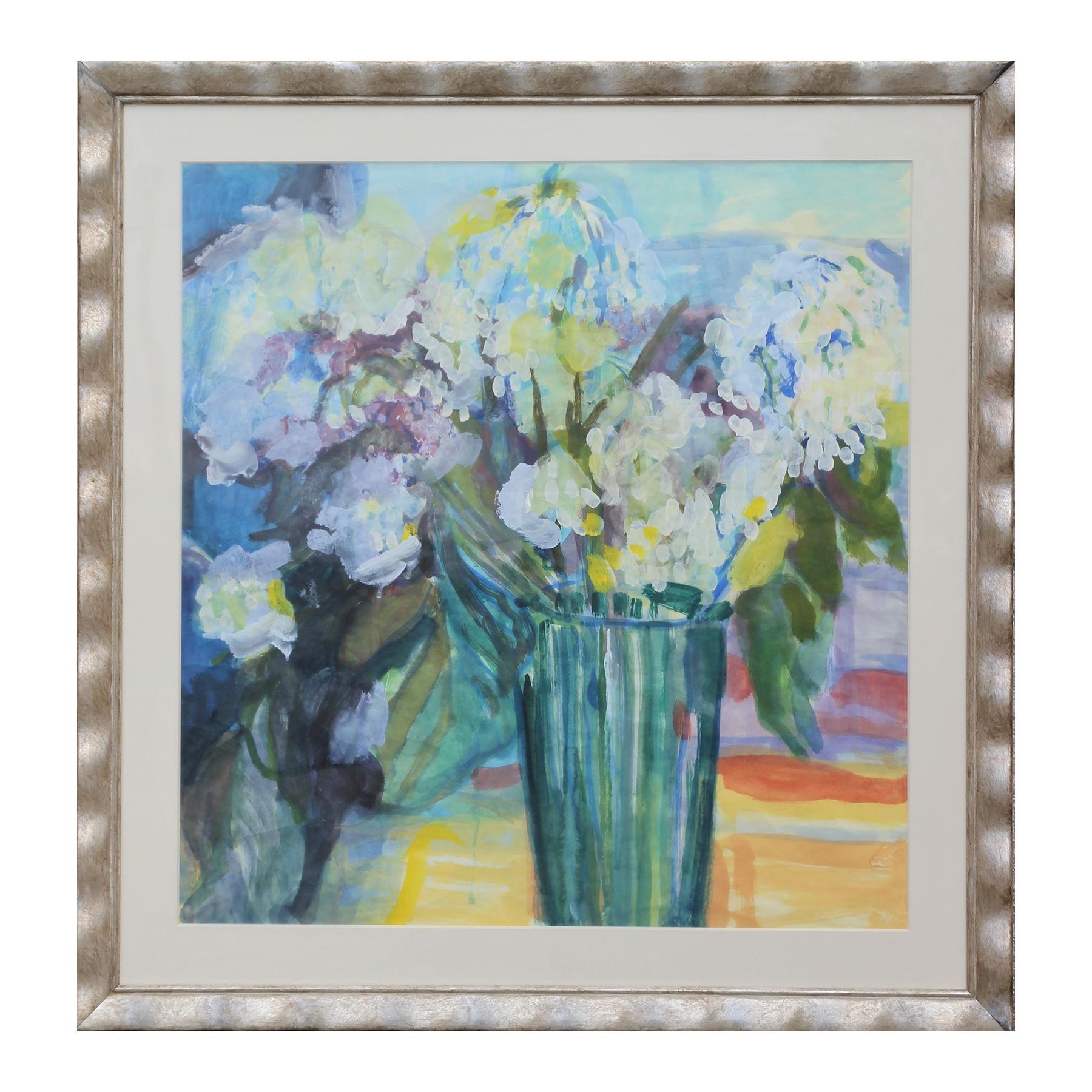 Unknown Interior Art - Blue & Green Pastel Toned Impressionistic Floral Watercolor Still Life Painting