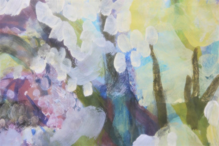 Blue & Green Pastel Toned Impressionistic Floral Watercolor Still Life Painting - Gray Interior Art by Unknown