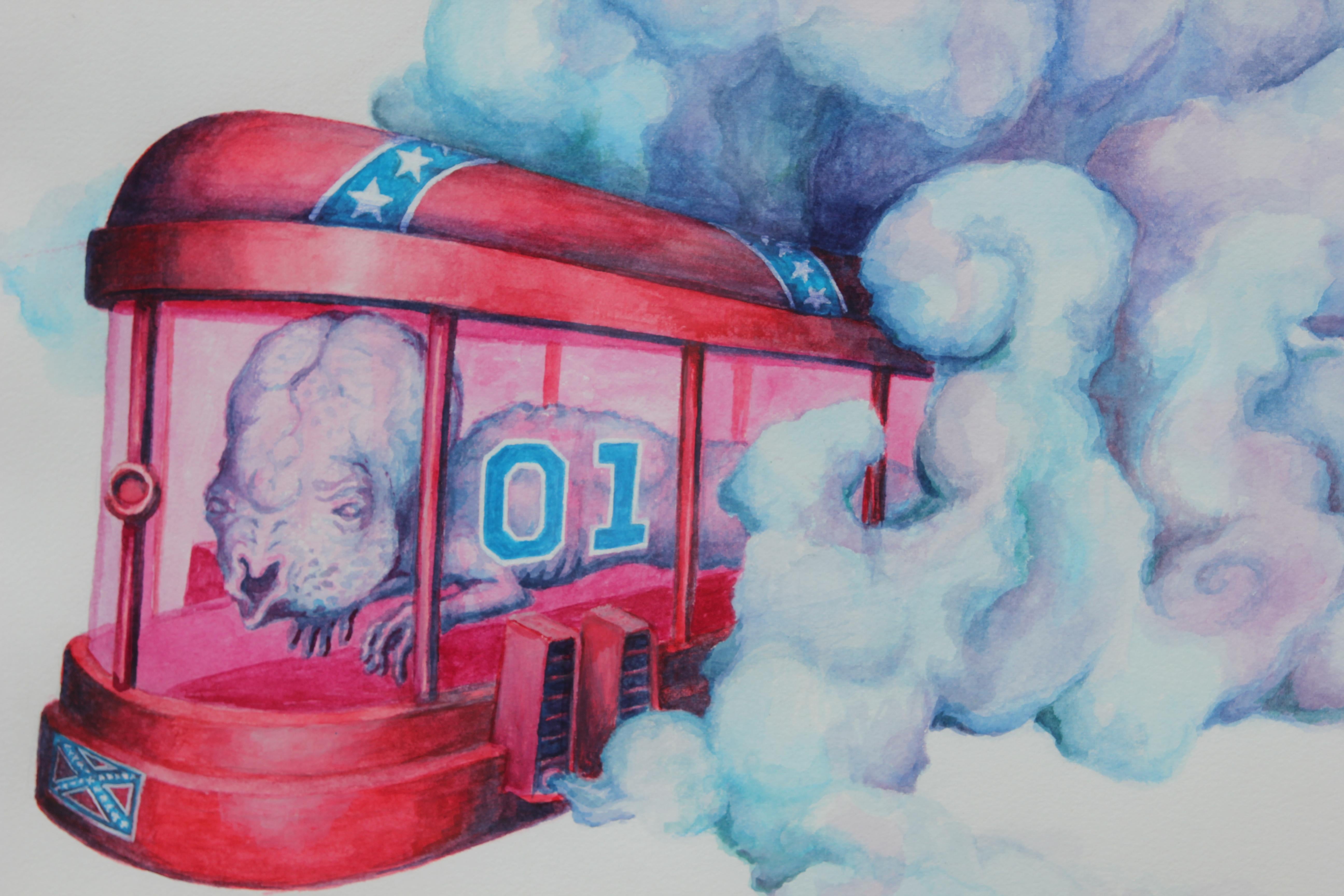 “Fold Space from Hazard” Red and Blue Realistic Pop Culture Watercolor Painting - Pop Art Art by Scott Burns