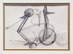 Abstract Modern Geometric and Mechanical Surrealist Grayscale Pencil Drawing