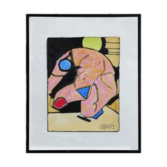 Quadro geometrico astratto a tecnica mista rosa, verde, blu e rosso raffigurante una figura