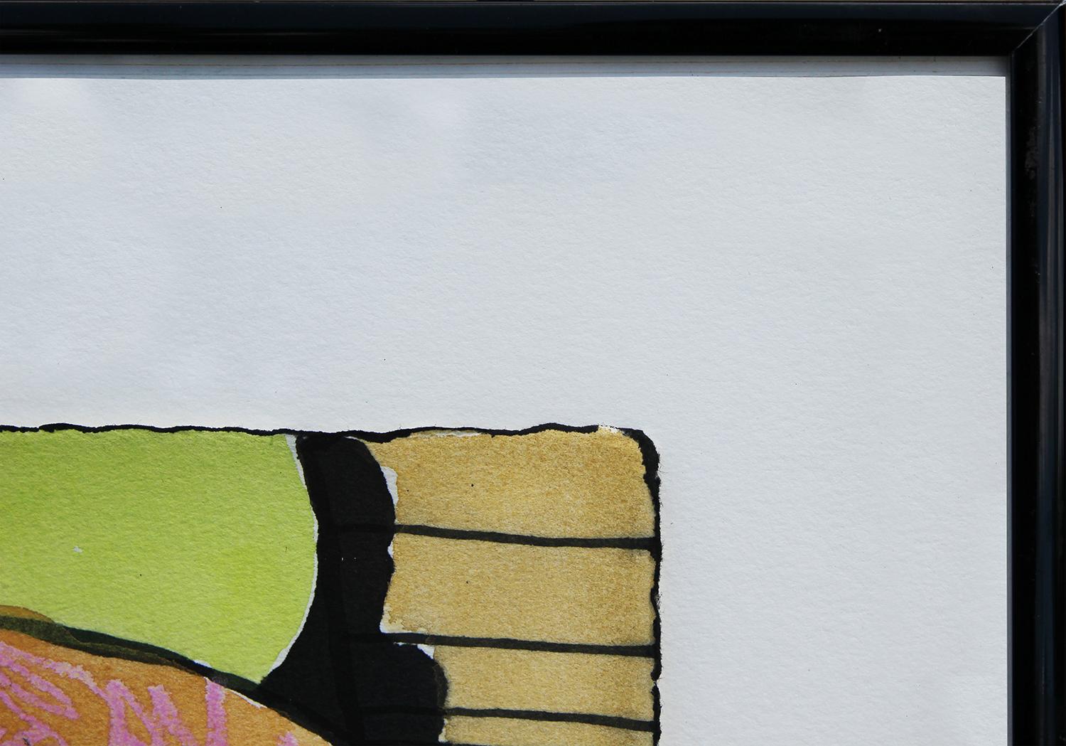 Buntes geometrisches abstraktes Mixed-Media-Gemälde des modernen Künstlers Don Shaw. Das Werk zeigt primäre farbige Formen, die mit einer kauernden rosa Figur verflochten sind. Signiert und datiert in der rechten unteren Ecke der Vorderseite.