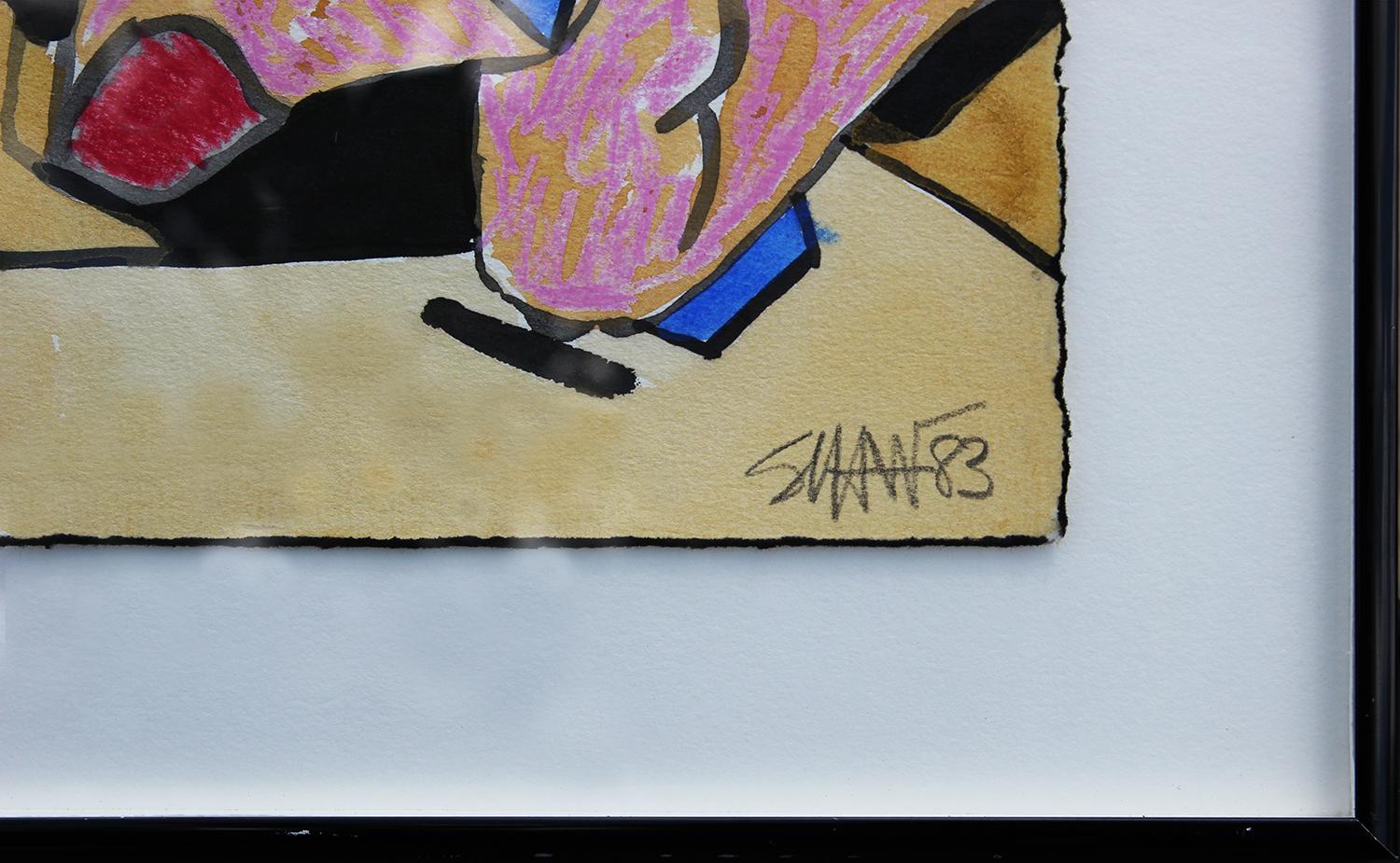 Pink, Green, Blue, & Red Geometric Abstract Mixed Media Painting of a Figure For Sale 1
