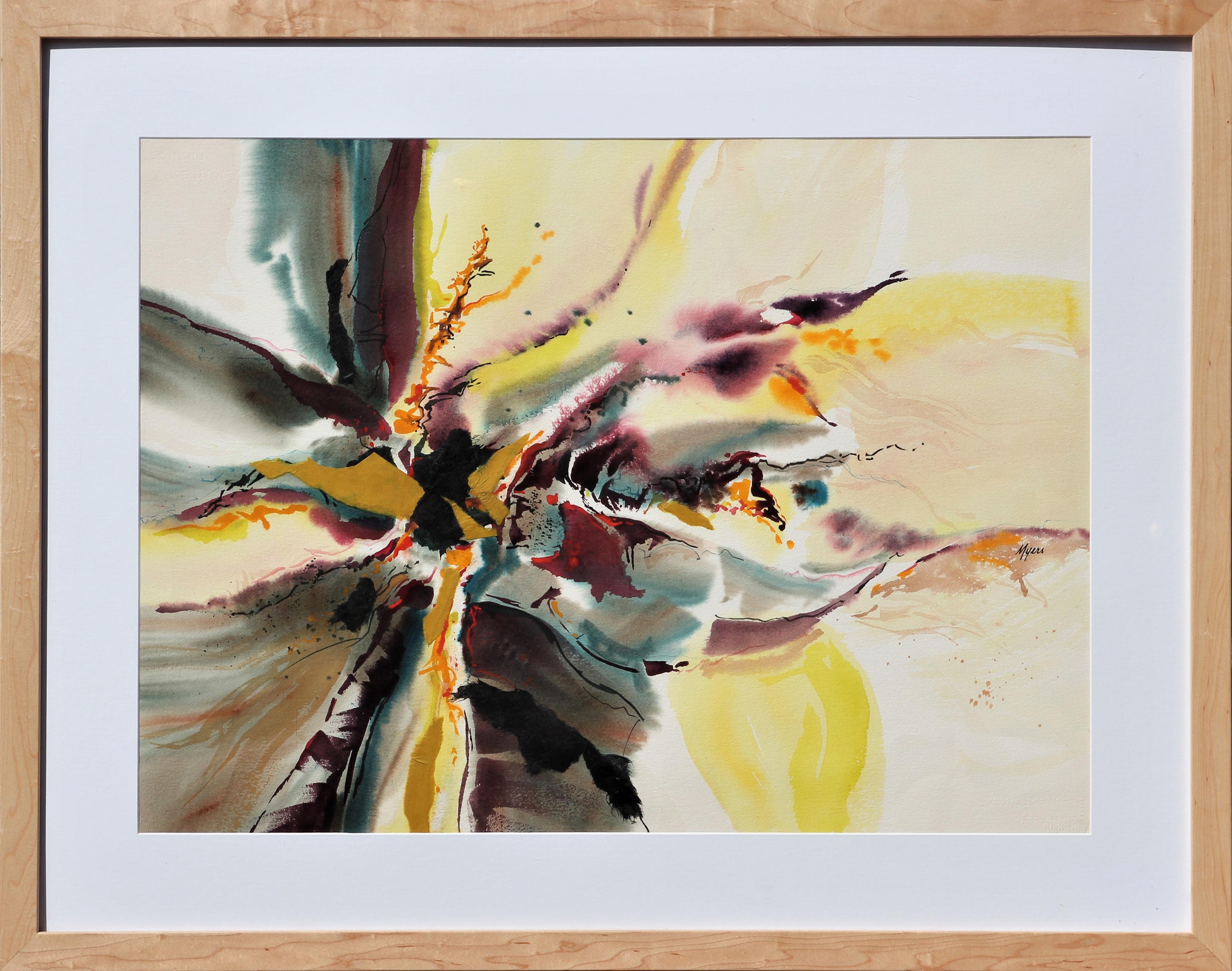 Carole Myers Abstract Drawing - "Floral IV" Modern Abstract Yellow, Teal, and Purple Floral Still Life Painting