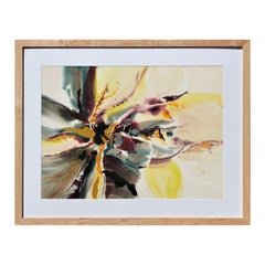"Floral IV" Modern Abstract Yellow, Teal, and Purple Floral Still Life Painting
