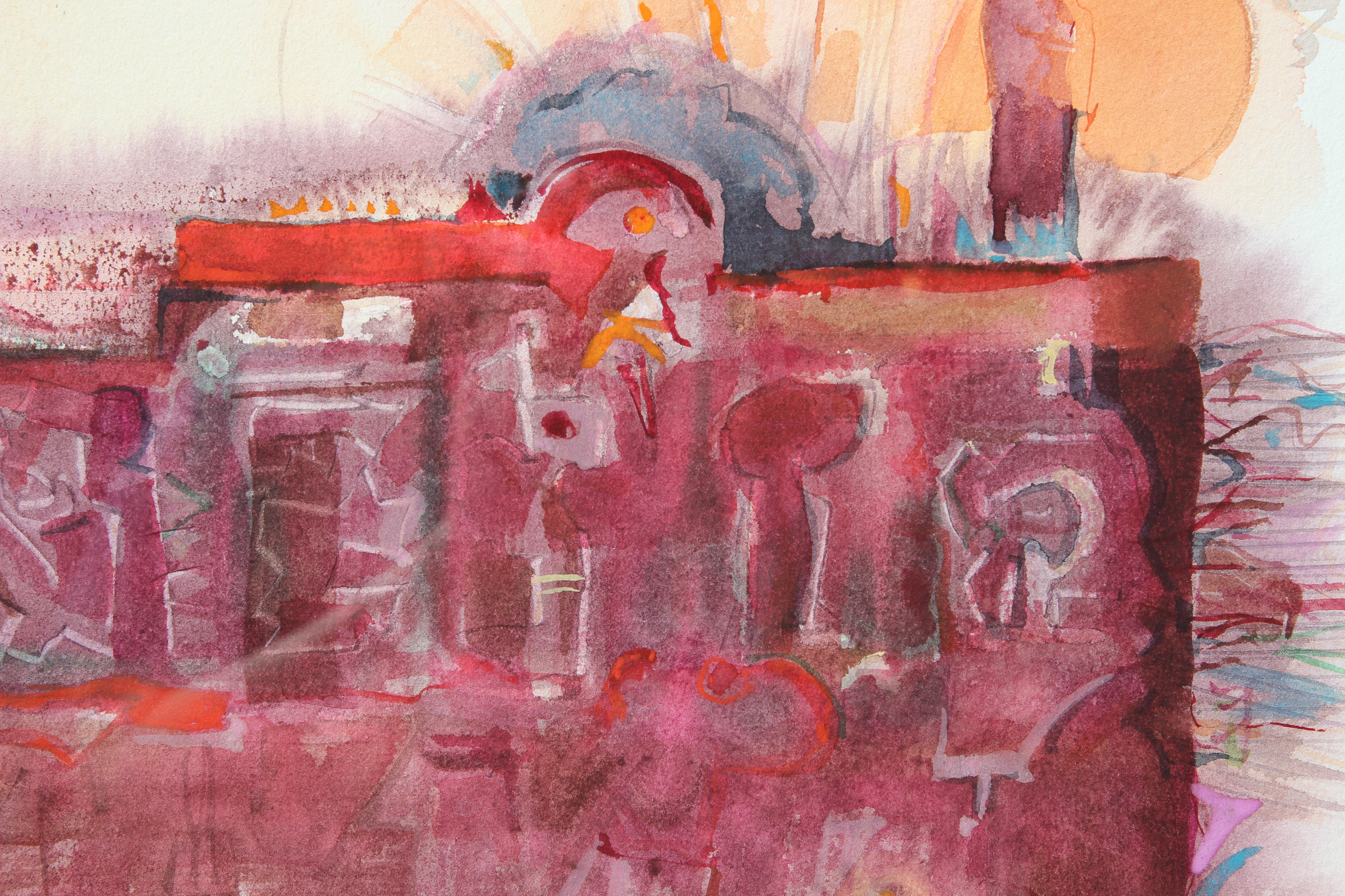 Pink and red modern abstract watercolor painting by Texas artist Carole Myers. The work features expressive strokes of bright colors loosely forming a panoramic view of Oaxaca, Mexico. The piece is signed in the front lower right corner. Currently