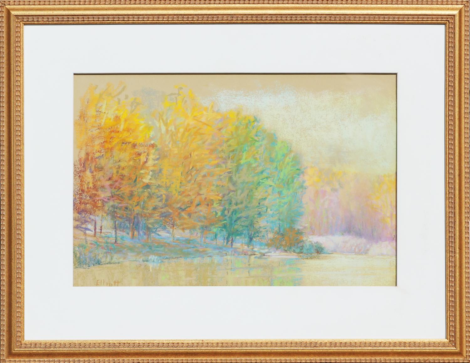 Yellow and Green Pastel Toned Abstract Impressionist Lakeside Landscape