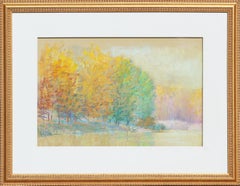 Yellow and Green Pastel Toned Abstract Impressionist Lakeside Landscape