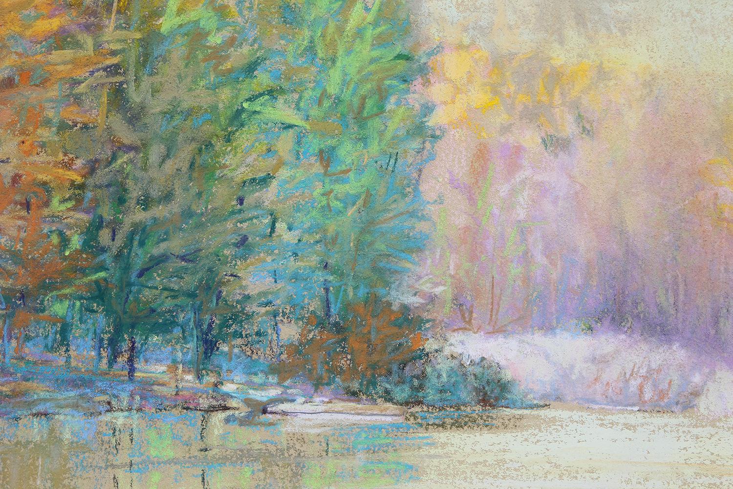 Yellow and Green Pastel Toned Abstract Impressionist Lakeside Landscape 2