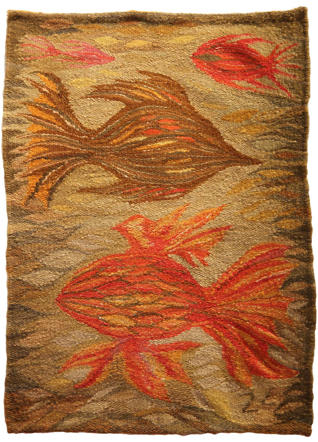 "Ryby W Sieci" Orange and Red Toned Abstract Fishes Gobelin Polski Tapestry - Art by Zofia Litak