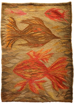 "Ryby W Sieci" Orange and Red Toned Abstract Fishes Gobelin Polski Tapestry