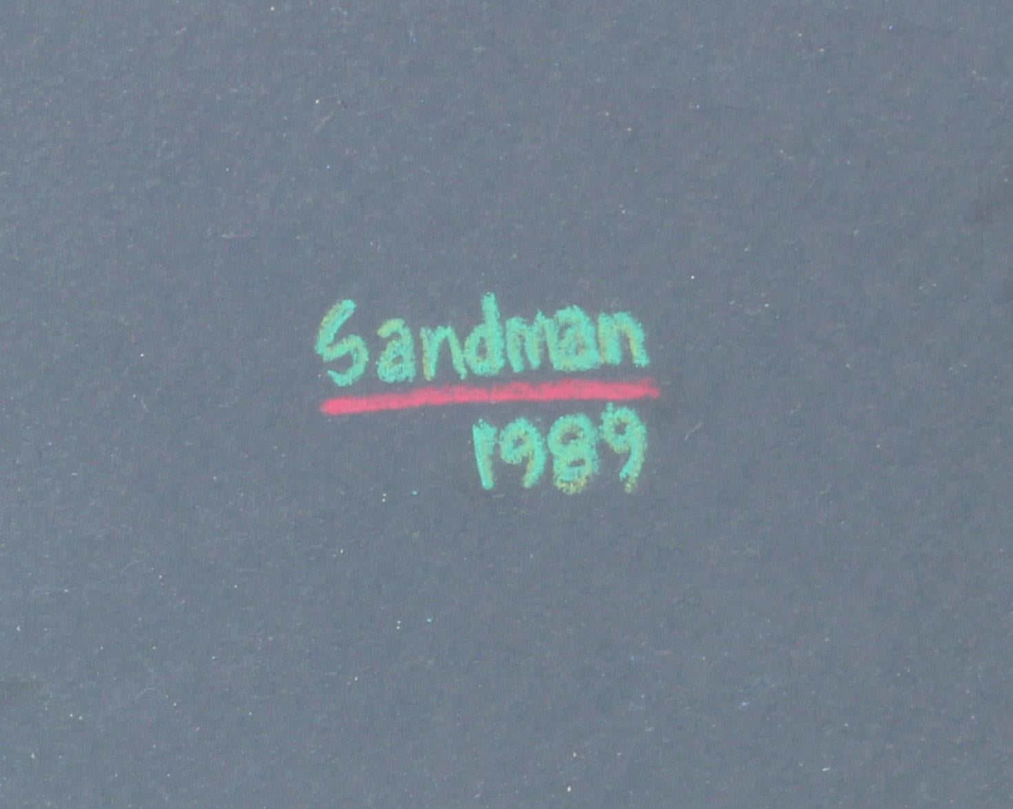 Dessin abstrait et coloré au pastel moderne d'un cow-boy par l'artiste texan Robert Sandman. L'œuvre représente un homme vêtu de vêtements éclatants tenant un chapeau de cow-boy avec les mots 