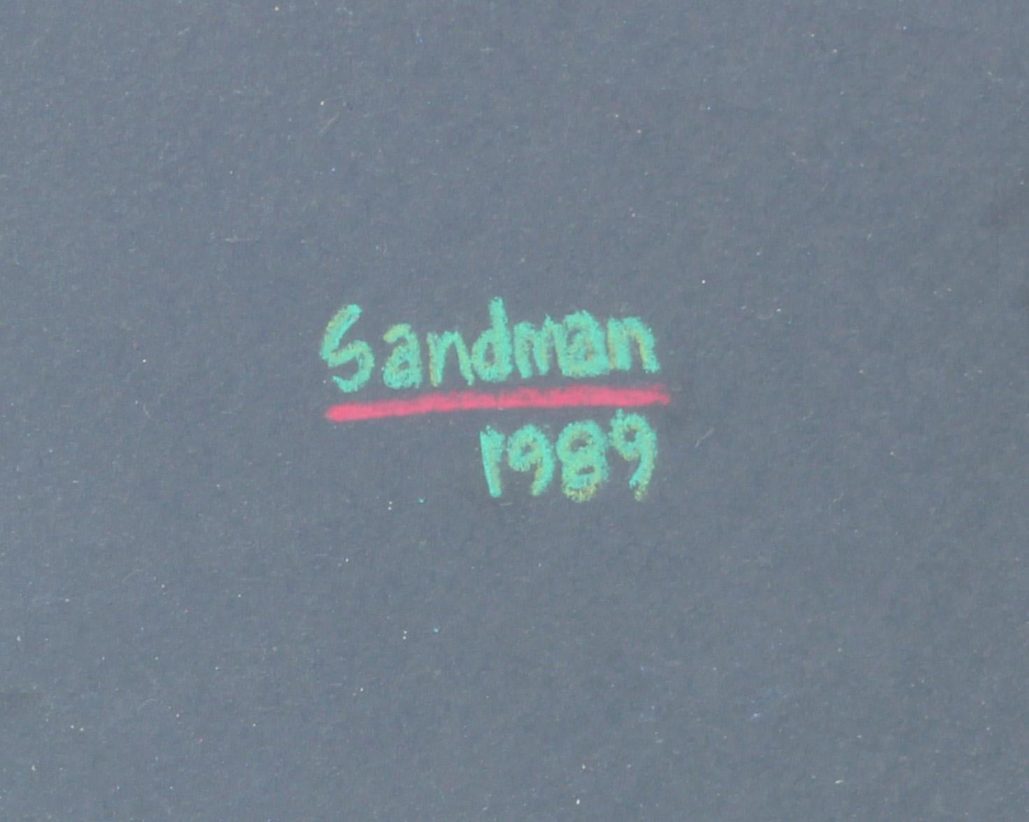 Bunte abstrakte moderne Pastellzeichnung eines Cowboys des texanischen Künstlers Robert Sandman. Das Werk zeigt einen Mann in farbenfroher Kleidung, der einen Cowboyhut trägt und die Worte 