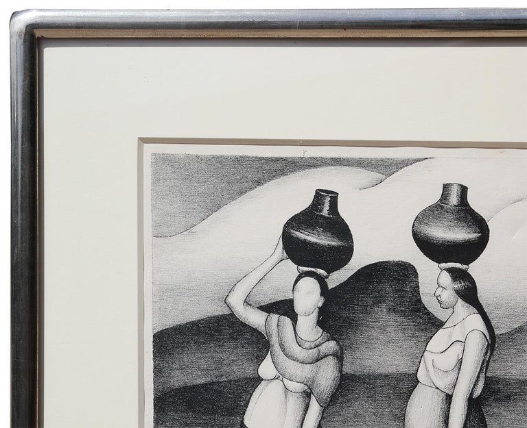 Lithograph by modernist Canadian-born artist Henrietta Shore depicting five women figures carrying a jug over their heads. Matted and framed in a round cornered chrome frame.

Dimensions Without Frame: H 13.875 x W 18.5

Artist Biography: Henrietta