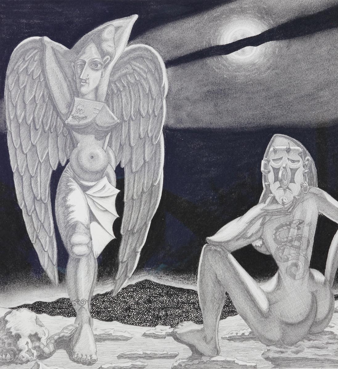 Grayscale graphite and charcoal drawing on paper by Texas artist Benito Huerta. Abstract figurative drawing in the style of Picasso depicting two women figures: one on the left with a pair of angel wings facing front and another on the right side