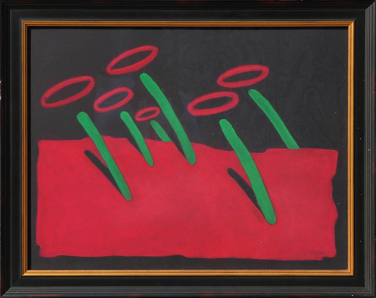 Scott Woodard Abstract Drawing - Modern Abstract Red, Green, and Black Amorphous Shape Surrealist Landscape 