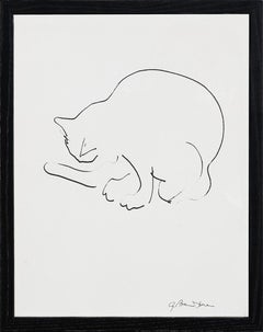 Retro Modern Minimal Pen Contour Line Drawing of a Cat Licking Its Paw