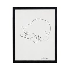 Modern Minimal Pen Contour Line Drawing of a Cat Licking Its Paw