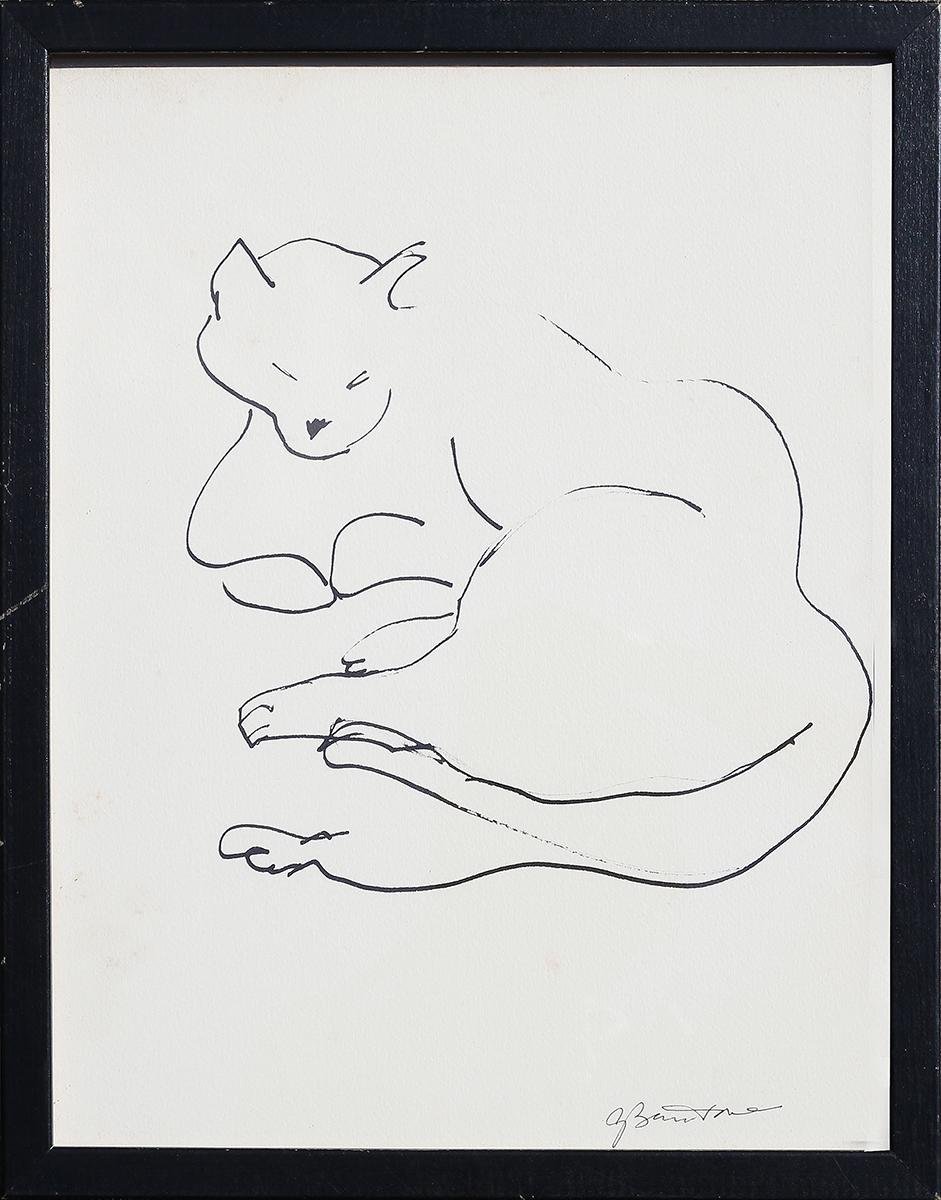 Gertrude Barnstone Animal Art - Modern Minimal Pen Contour Line Drawing of a Lounging Cat