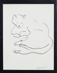 Retro Modern Minimal Pen Contour Line Drawing of a Lounging Cat