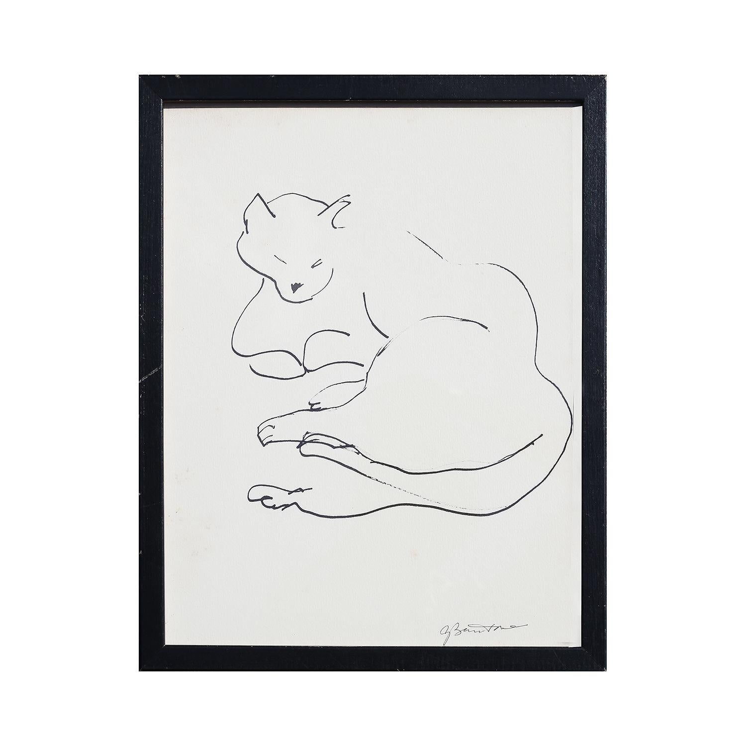 Modern Minimal Pen Contour Line Drawing of a Lounging Cat - Art by Gertrude Barnstone