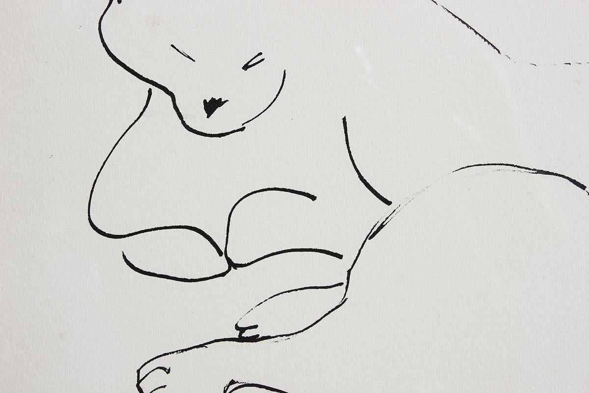 Minimal contour line drawing of a lounging cat by modern Texas artist Gertrude Barnstone. The work features Barnstone's iconic loose linework that effortlessly brings her subject to life. Signed by artist in front right corner. Currently hung in a