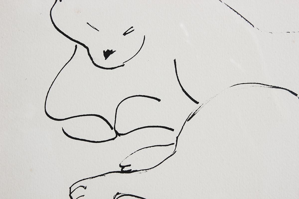 Minimal contour line drawing of a lounging cat by modern Texas artist Gertrude Barnstone. The work features Barnstone's iconic loose linework that effortlessly brings her subject to life. Signed by artist in front right corner. Currently hung in a