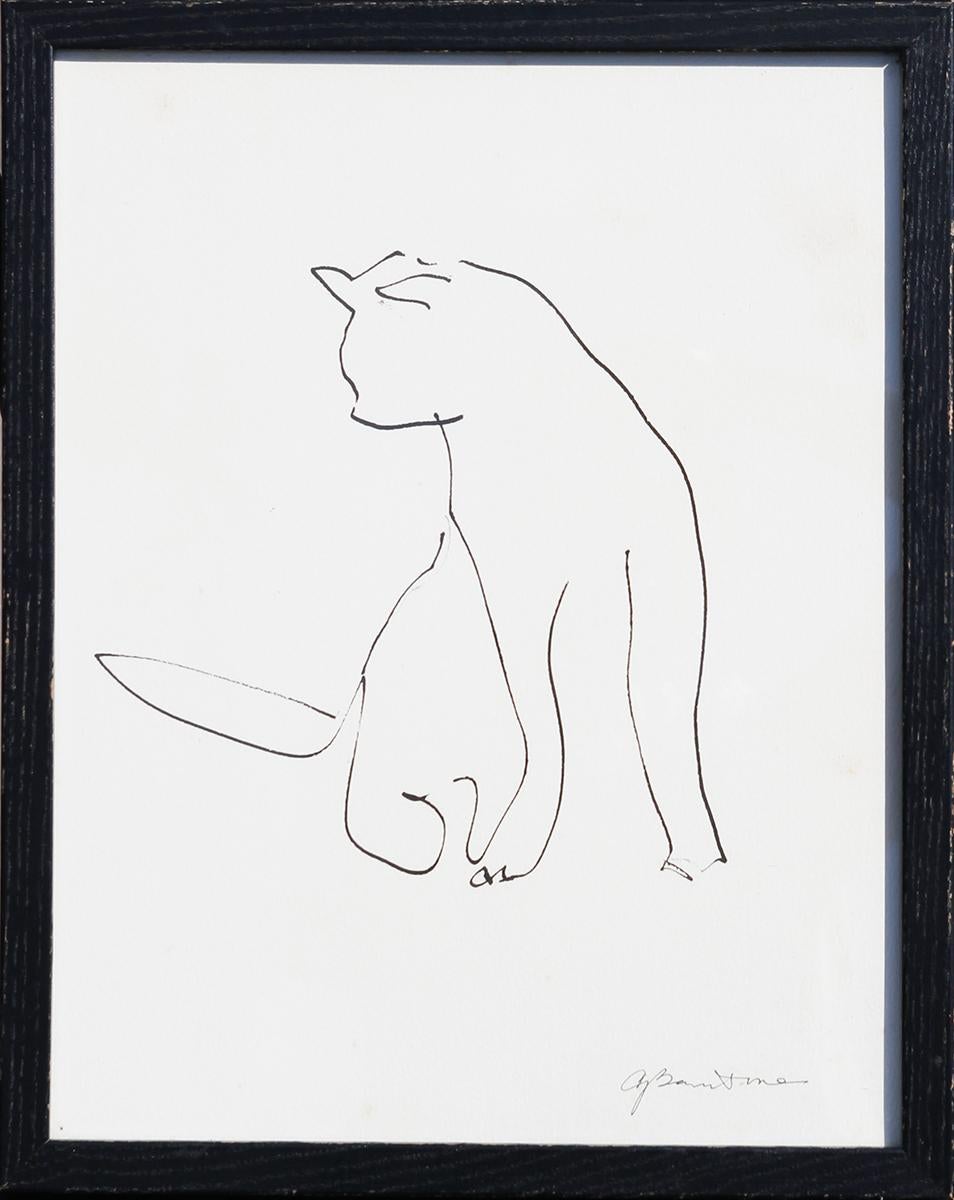 Gertrude Barnstone Abstract Drawing - Modern Minimal Pen Contour Line Drawing of an Abstract Sitting Cat