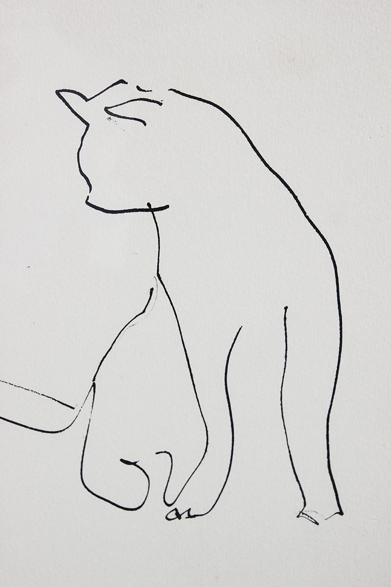 Modern Minimal Pen Contour Line Drawing of an Abstract Sitting Cat - Gray Abstract Drawing by Gertrude Barnstone