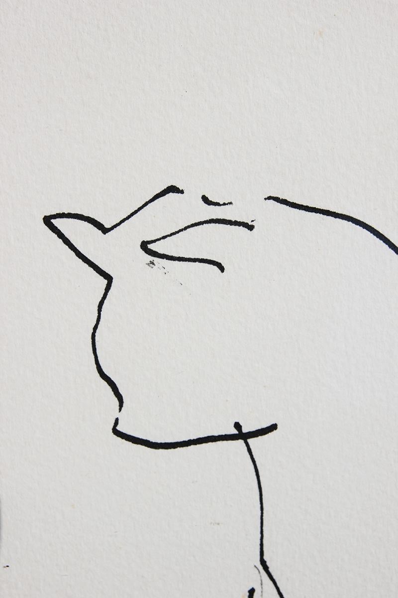 Minimal contour line drawing of a sitting cat by modern Texas artist Gertrude Barnstone. The work features Barnstone's iconic loose linework that effortlessly brings her subject to life. Signed by artist in front right corner. Currently hung in a
