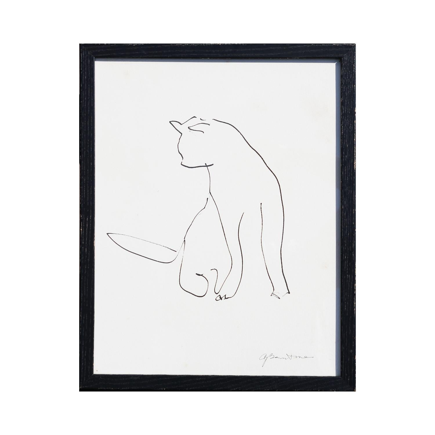 Modern Minimal Pen Contour Line Drawing of an Abstract Sitting Cat - Art by Gertrude Barnstone