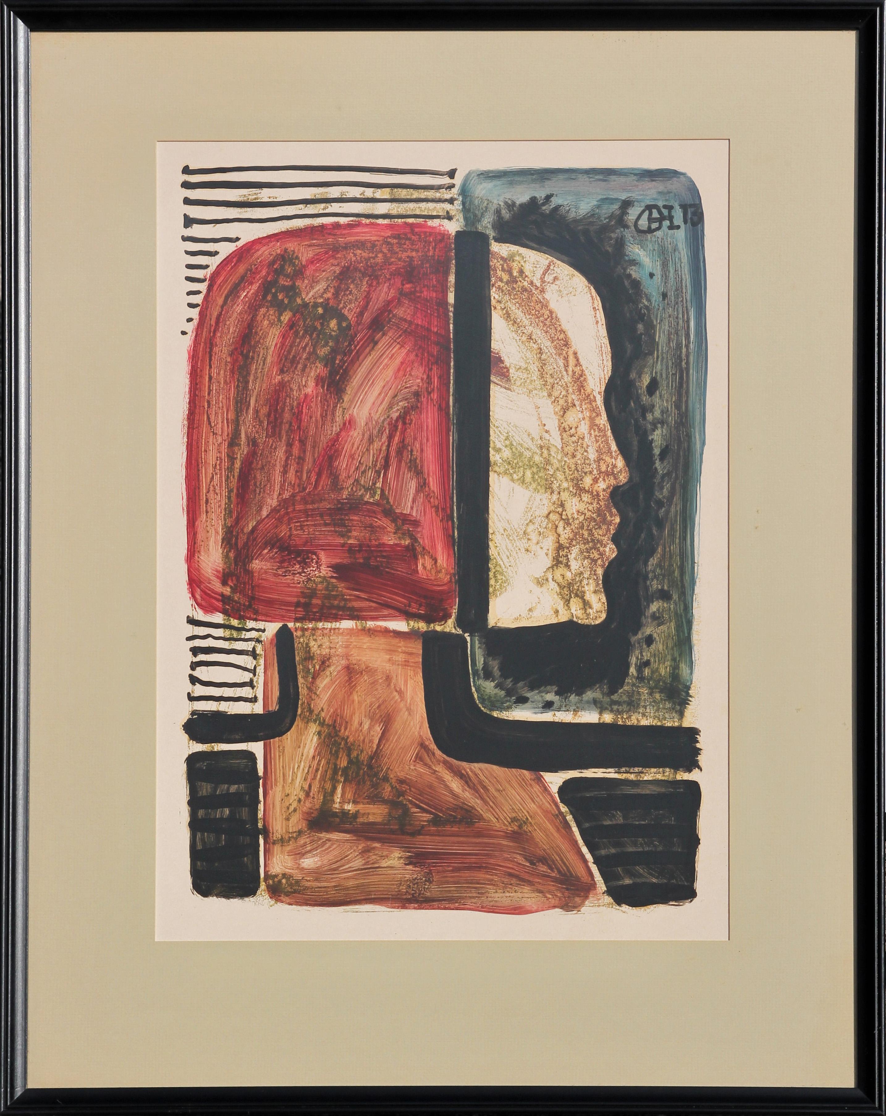 Otis Huband Abstract Drawing - "Face at the Window" Red, Blue, and Black Abstract Figurative Portrait 