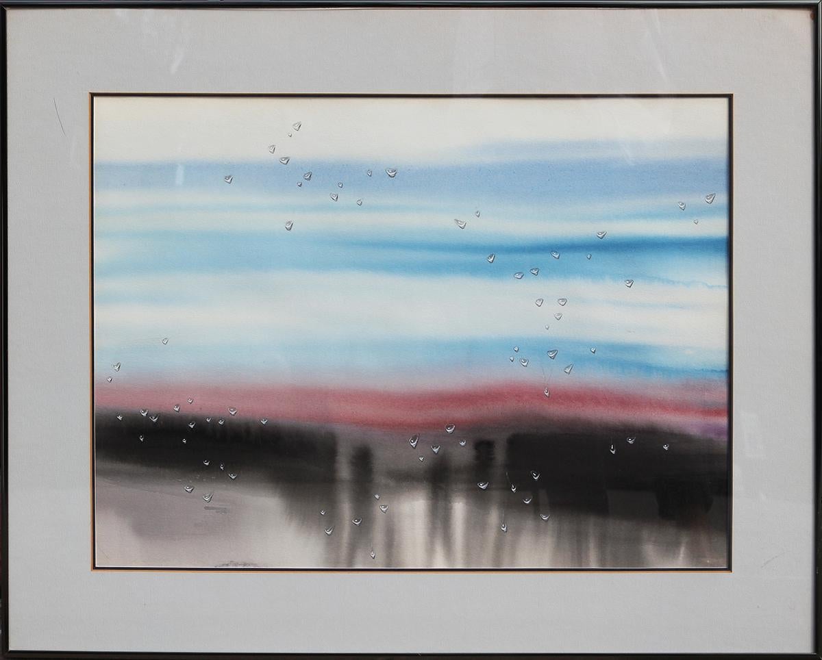 Blue, Red, and Gray Watercolor Surrealist Abstract with Realistic Water Droplets - Mixed Media Art by Dae Duck Cha