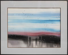 Abstracto surrealista en acuarela azul, roja y gris con gotas de agua realistas