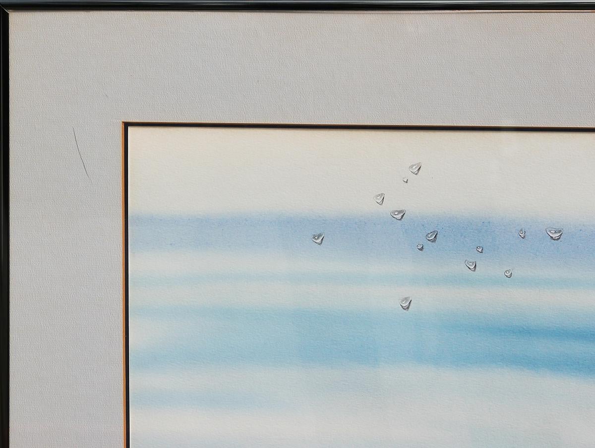 Acquerello astratto surrealista dell'artista coreano Dae-Duck Cha. L'opera presenta gocce d'acqua realistiche su uno sfondo sfumato blu e rosso. Firmato e datato a matita nell'angolo anteriore in basso a sinistra. Attualmente è appeso in una cornice