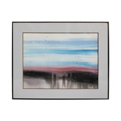 Blue, Red, and Gray Watercolor Surrealist Abstract with Realistic Water Droplets